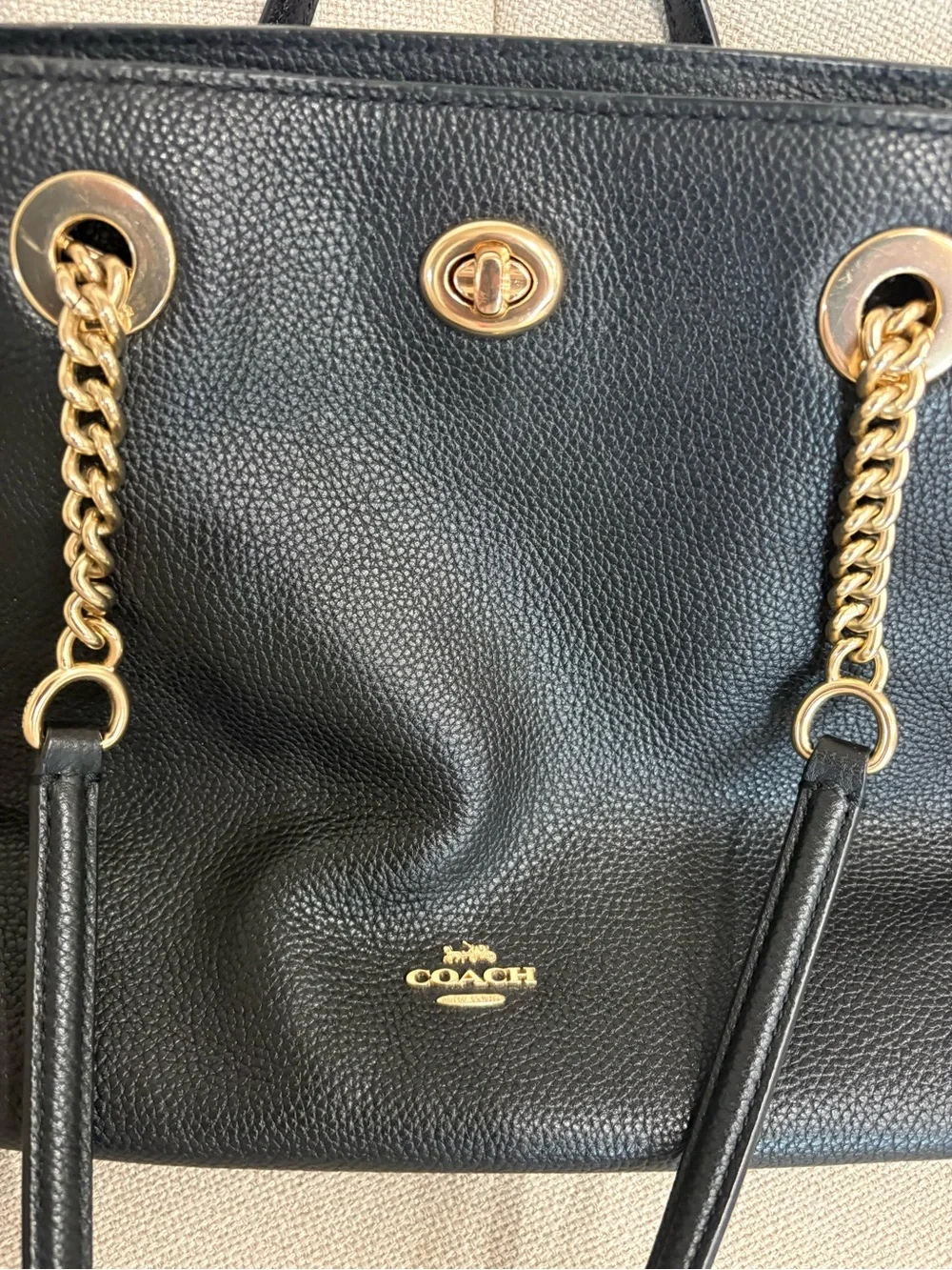 Coach Black Pebbled Leather Tote with Gold Chain Accents